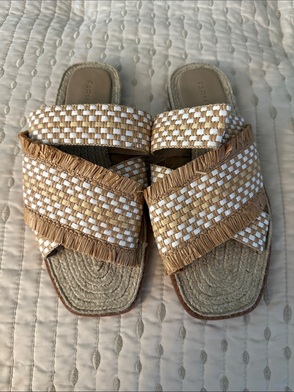 FARM Rio Tan and White Woven Slide Sandals with Braided Jute Footbed